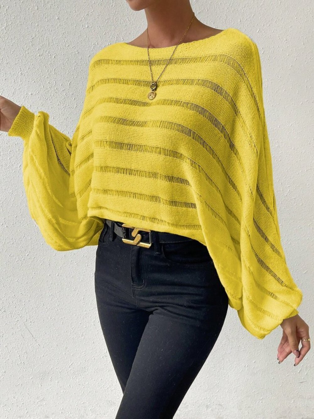 Yellow Casual Women's Batwing Sleeve Pointelle Knit Pullover Sweater
